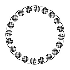 Circle frame made by spirals on the inside. Linear spirals forming a decorative motif and pattern, constructed from repeated lines. Monochromatic illustration on white background. Vector.