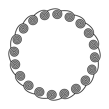 Circle frame made by spirals on the inside. Linear spirals forming a decorative motif and pattern, constructed from repeated lines. Monochromatic illustration on white background. Vector.