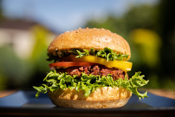 Vegan burger on a plate outside 