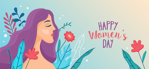Women's day banner design with young woman and flowers.