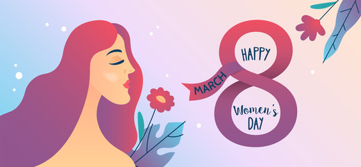Obraz na płótnie Canvas Women's day banner design with young woman and flowers. March 8 flyer template.
