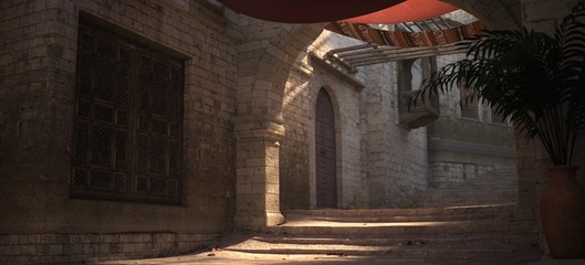 Authentic Moroccan landscape. Empty street of an old stone city . Photorealistic 3D illustration. A calming cityscape.