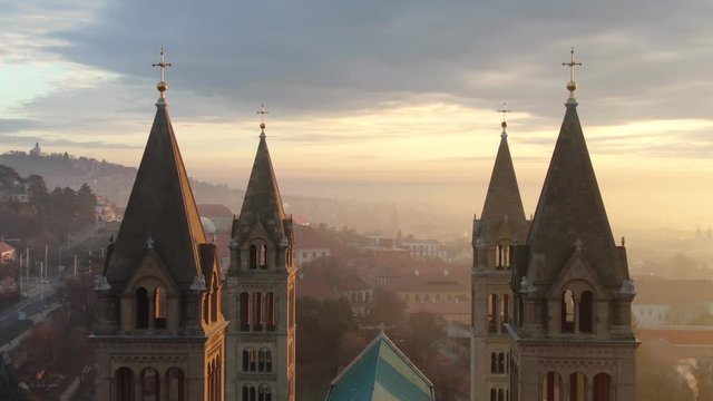 Aerial video of Cathedral of Pecs, Hungary