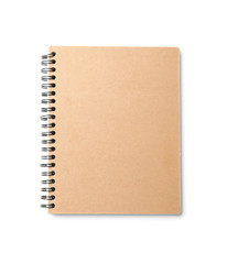 Stylish kraft notebook isolated on white, top view