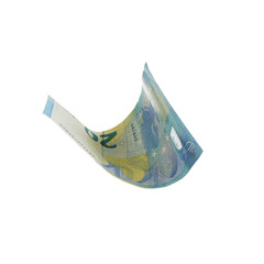 Euro banknote isolated on white. Flying money