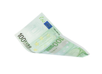 Euro banknote isolated on white. Flying money