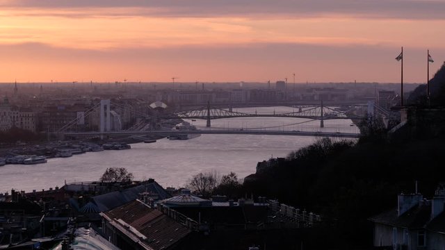 View from the observation deck to the bridges of Budapest on dawn. Hungary