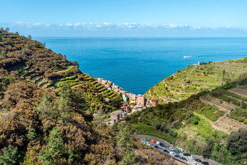 Manarola village viewed from hills in the direction iof Mediteranean Sea. Cinque Terre National parc  in the Northwest of Italy.