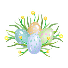 Composition of Easter eggs. Digital illustration. Eggs. Spring grass, dandelions.