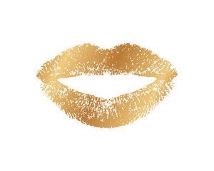 Sparkling golden lips. Kisses for prints. Lipstick golden on white background. Gold imprint lips. Imprint pomade glitterer. Glittering glamorous kiss for design. Lips glamour makeup. Female mouth