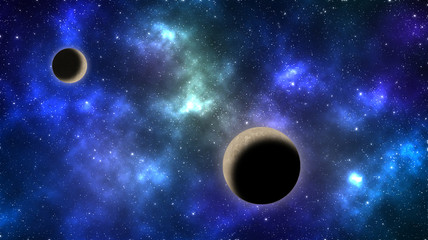 Cosmic galaxy background with planets, nebula and shining stars.