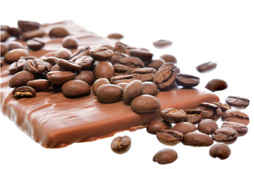 chocolate bar with scattering of coffee beans isolated