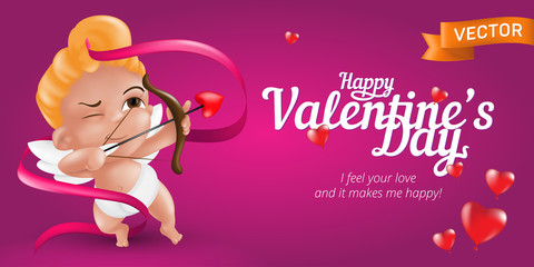 Happy Valentine&rsquo;s Day web banner or flyer with baby cupid and bow, pink ribbon and 3D hearts. Vector illustration for February 14 Day of love holiday. Can be used for posters or greeting cards design