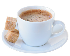 White porcelain cup coffee with cane sugar cubes isolated