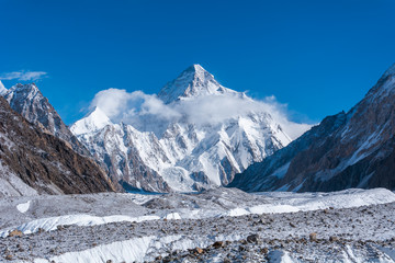 View of K2, the second highest mountain in the world with Upper Baltoro Glacier from Concordia, Pakistan