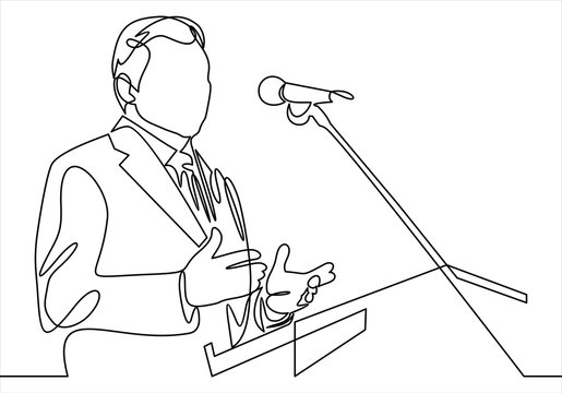 Business conference, business meeting. Man at rostrum in front of audience. Public speaker giving a talk at conference hall- continuous line drawing 