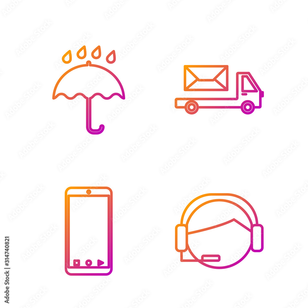 Poster set line support operator in touch, mobile phone with app delivery tracking, umbrella and rain drops