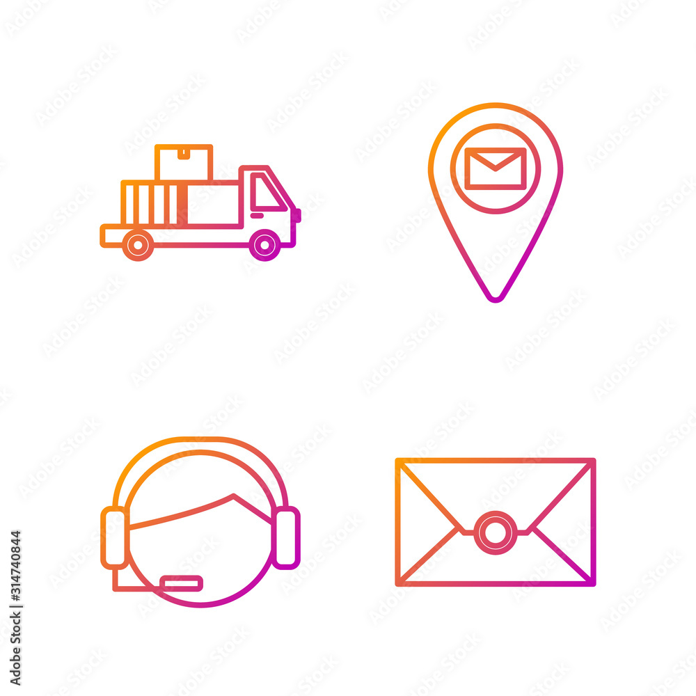 Poster set line envelope , support operator in touch, delivery truck with cardboard boxes and placeholder o