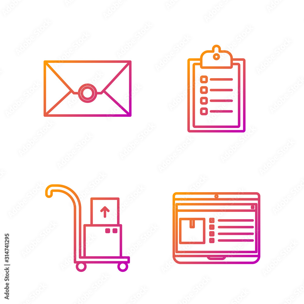 Poster set line laptop with app delivery tracking , hand truck and boxes , envelope and verification of del