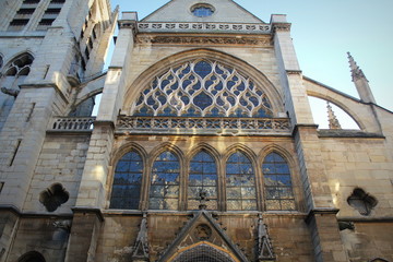 Saint Severin flamboyant gothic church with blue sky. Paris, France.