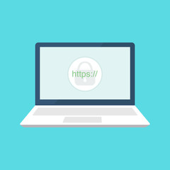 Laptop with a lock on the screen vector illustration. Secure your site with HTTPS, internet communication protocol.