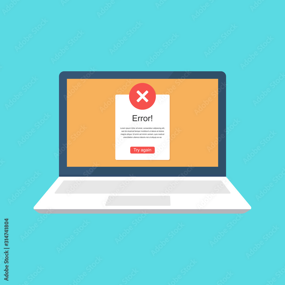 Aufkleber error message on laptop screen. crash, error, failure of the system. flat color icon vector.