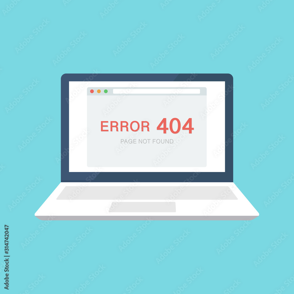 Poster 404 error page on laptop screen design concept. laptop screen with error. trendy flat style. vector 