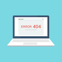 404 error page on laptop screen design concept. Laptop screen with error. Trendy flat style. Vector illustration.