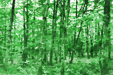 Digital art painting canvas - green toned abstract lush forest (watercolor effect)