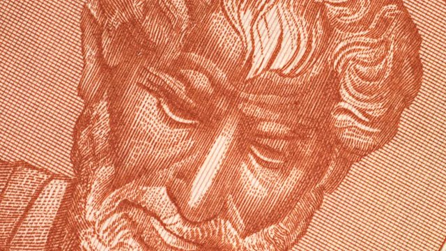 Aristotle on 10000 Greece drachma (1947) banknote rotated. Genius Ancient Greek philosopher, tutor of Alexander the Great. 4K