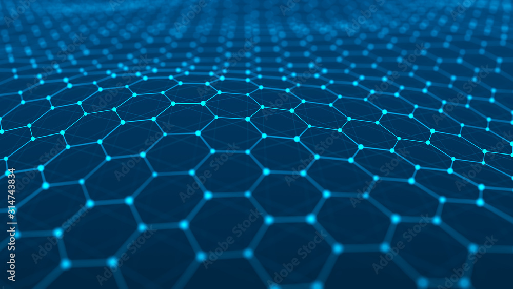 Fototapete Network connection structure. Big data visualization. Futuristic hexagon background. Artificial intelligence. 3D rendering.