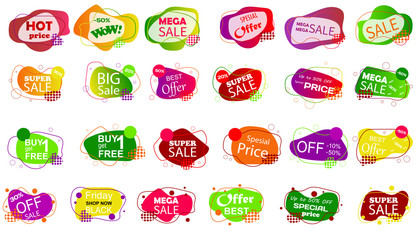 Set of sale banner badge templates. Stickers best offer price and big sale pricing tag badge design. Limited sales offer label or store discount banner card. Shopping coupon. Vector illustration.