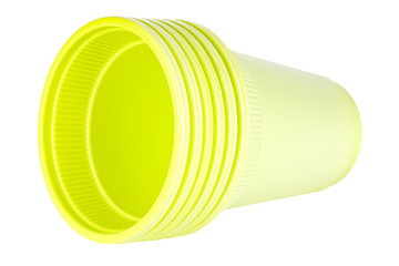 Lying set of six unused green disposable cups made of biodegradable materials isolated on white background