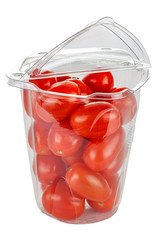 Fresh and ripe red cherry tomatoes in a transparent plastic storage container with open lid isolated on white background