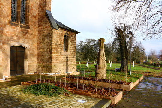 Wei&szlig; gekalkte Obstb&auml;ume an der Bergkapelle von Illingen (Saar)