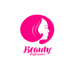 Beauty salon logo. Portrait of beautiful girl or young woman vector illustration