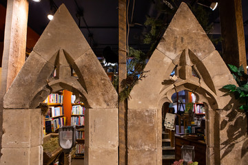 Front view of decorative stone arches in the home library. Interior of home library placed on the...