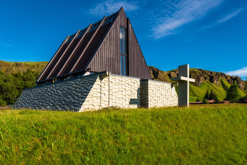 Iceland - A-Framed Church Beneath a Blue Sky