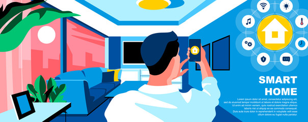 Smart home flat vector landing page template. House appliance remote control mobile application banner layout with header. Home automation system cartoon illustration with text space