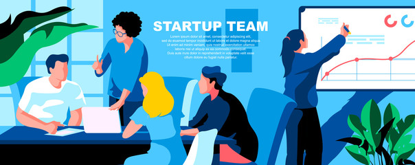 Startup team flat vector landing page template. Business development, project management banner layout with header. Company improvement strategy planning cartoon illustration with text space