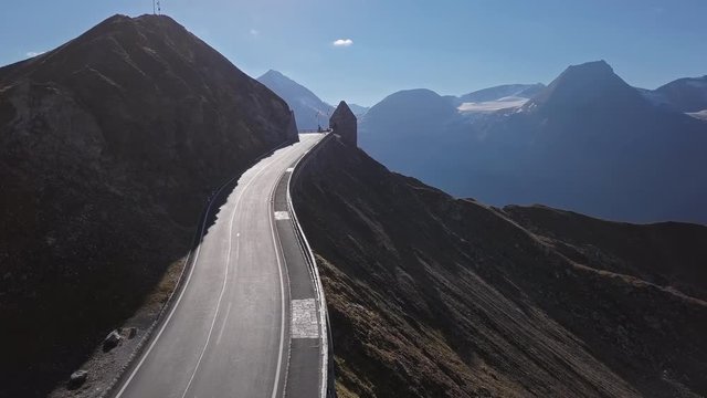 Flight over of Fuscher Torl pass on Grossglockner scenic High Alpine Road, Austria