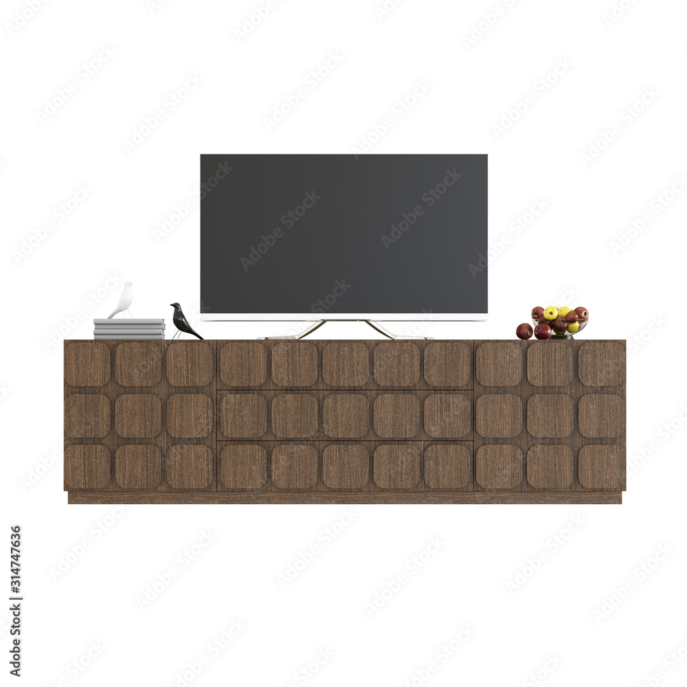 Poster brown tv stand with square pattern with tv on a white background. 3d rendering