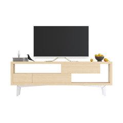 A light wooden tv nightstand on a white background with a TV. 3d rendering