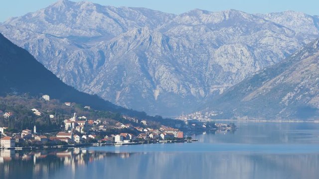 View of seaside town of Prcanj in winter. Bay of Kotor, Montenegro.