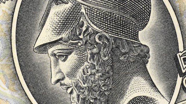 Pericles on Greece 50 drachma (1955) banknote rotated. Famous politician, orator and general of ancient Athens during its golden age. 4K