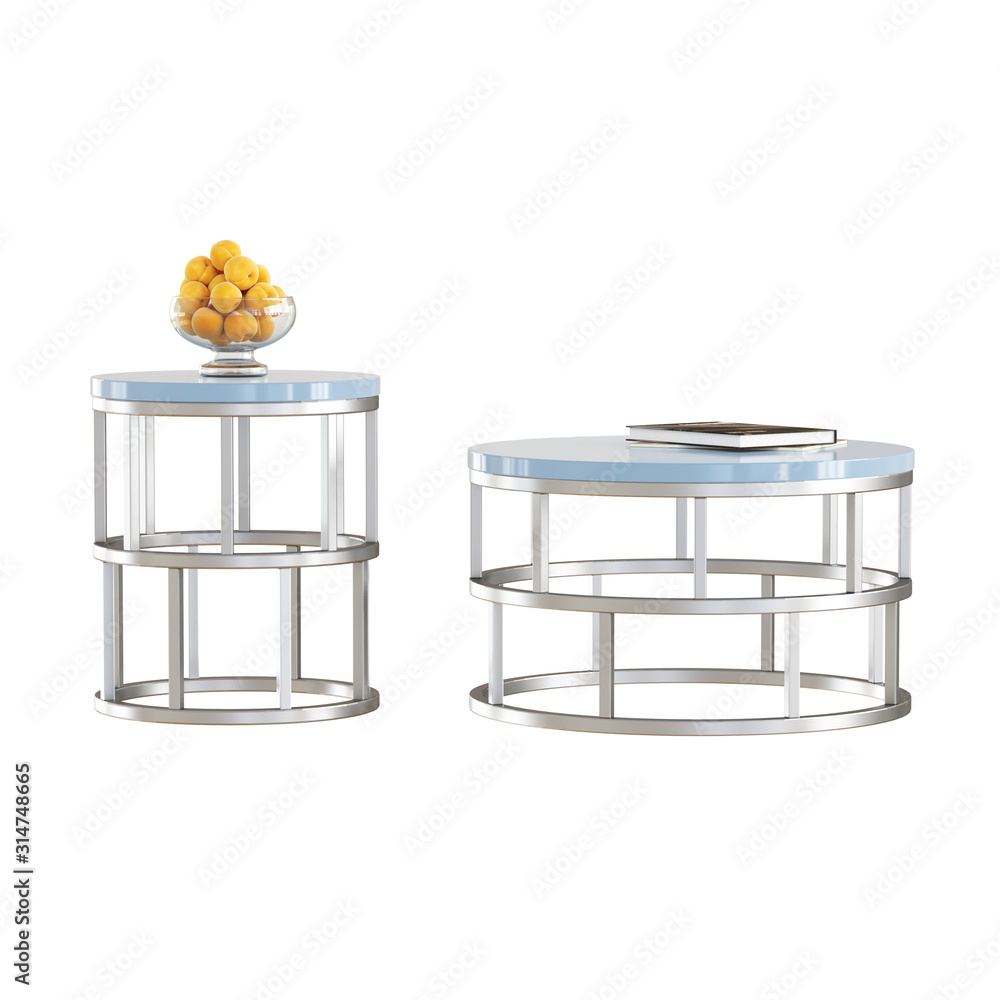 Poster two decorative round coffee tables with books and a vase with peaches on a white background. 3d rend