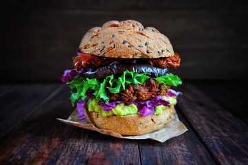 Fresh beetroot lentil vegan burger with guacamole