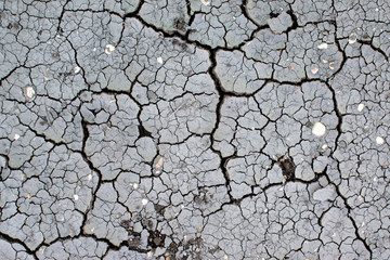 Dry cracked earth top view. Drought season on earth. Shells and dry ground, environmental problems...