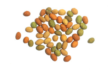 spicy peanuts are a different color and flavor on a white isolated background