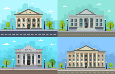 Set of web banners with facade bank, university or government institution with city skylines. Vector illustration. Flat modern design. EPS 10.
